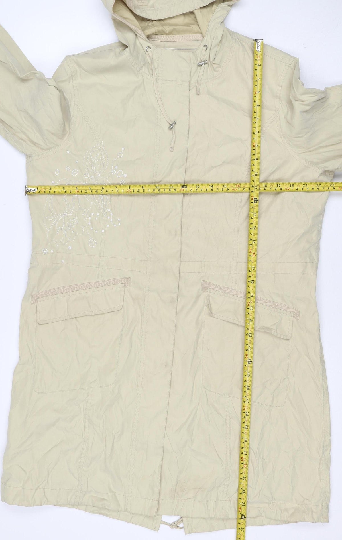 Per Una Women Ivory L Long Hooded Parka Floral Embroidered Jacket