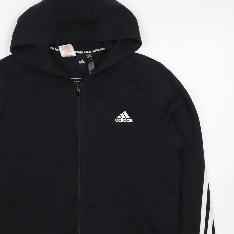 Adidas Boys Black 15-16 Years Full Zip Hoodie 3 Stripe Cotton Blend