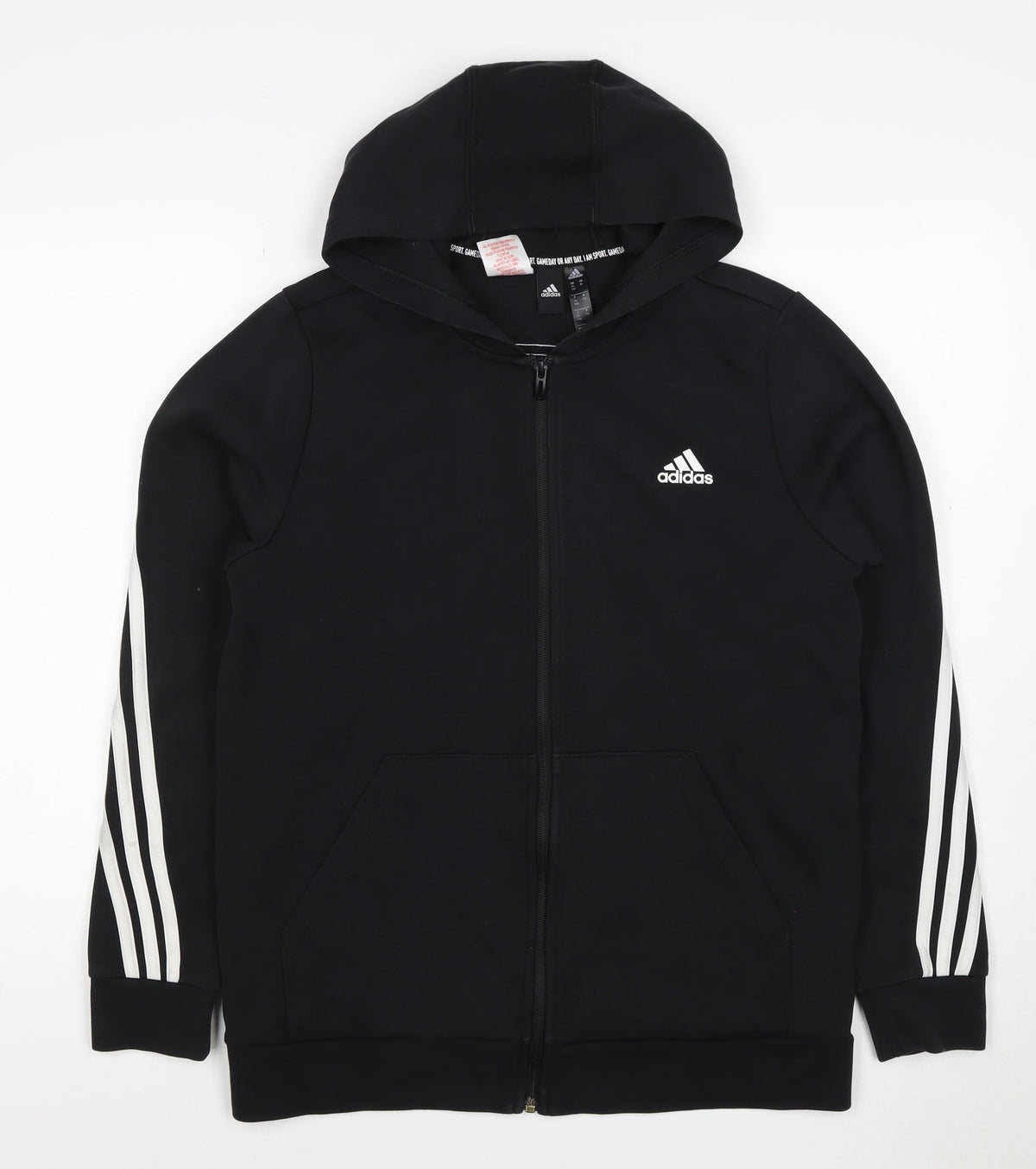 Adidas Boys Black 15-16 Years Full Zip Hoodie 3 Stripe Cotton Blend