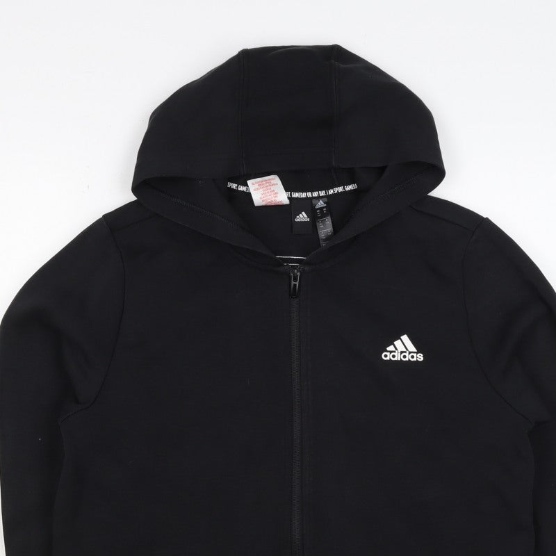Adidas Boys Black 15-16 Years Full Zip Hoodie 3 Stripe Cotton Blend