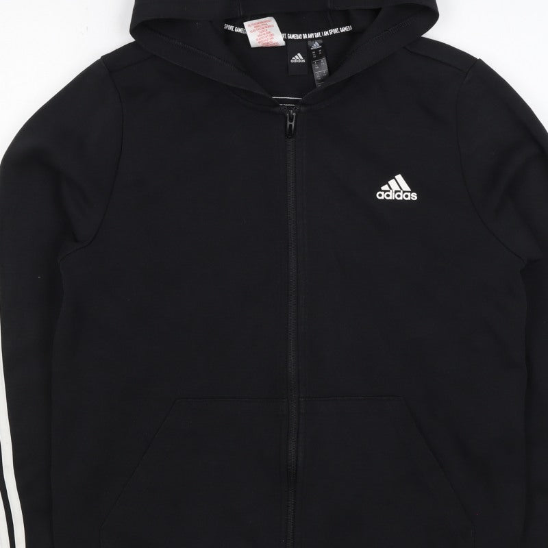 Adidas Boys Black 15-16 Years Full Zip Hoodie 3 Stripe Cotton Blend