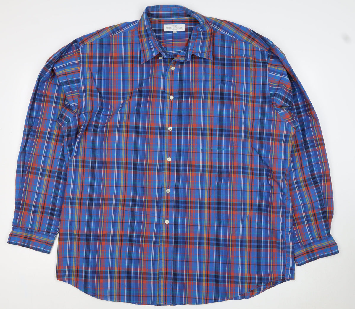 Marks and Spencer Men's Blue XL Classic Plaid Cotton Long Sleeve Shirt