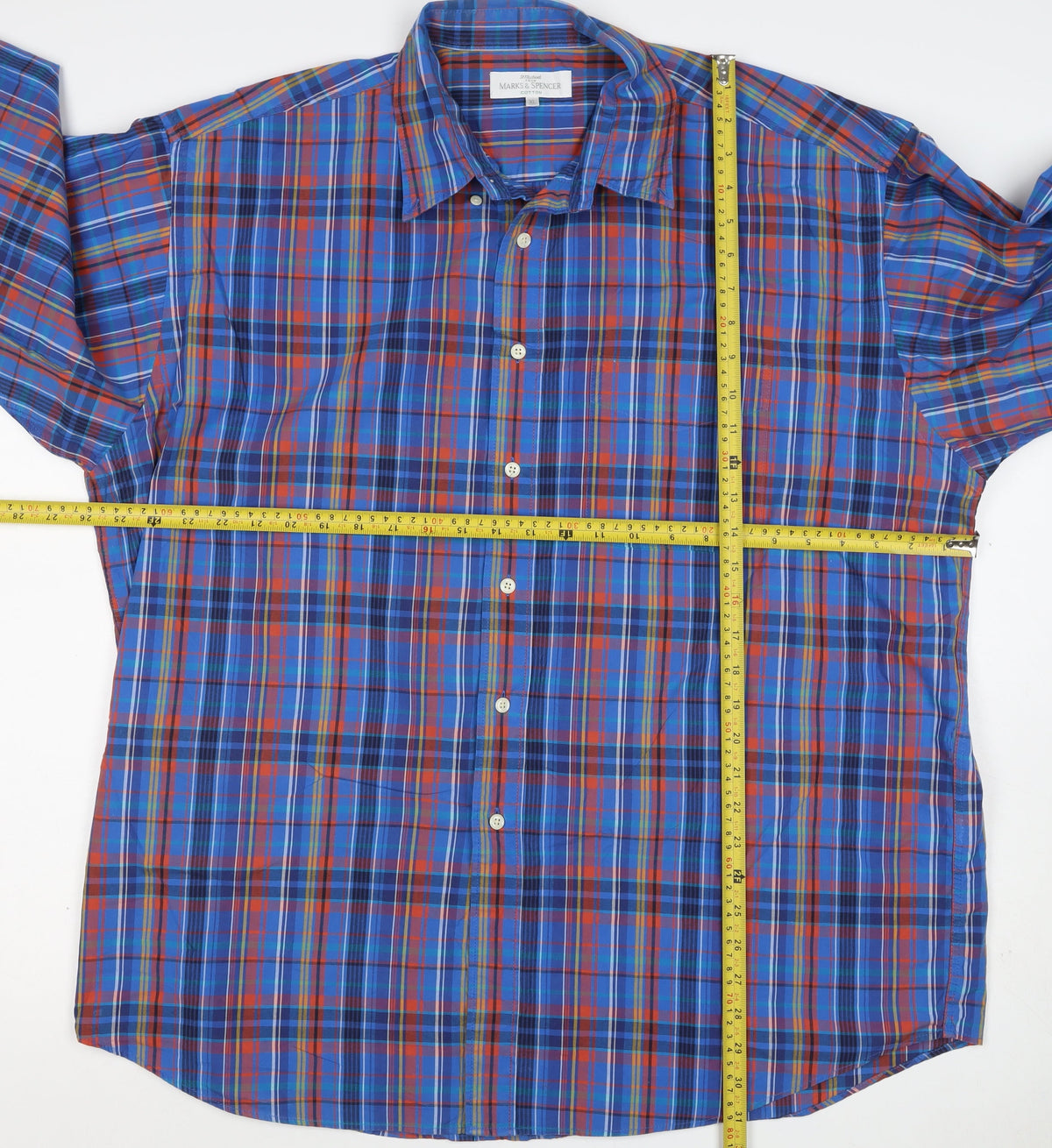 Marks and Spencer Men's Blue XL Classic Plaid Cotton Long Sleeve Shirt