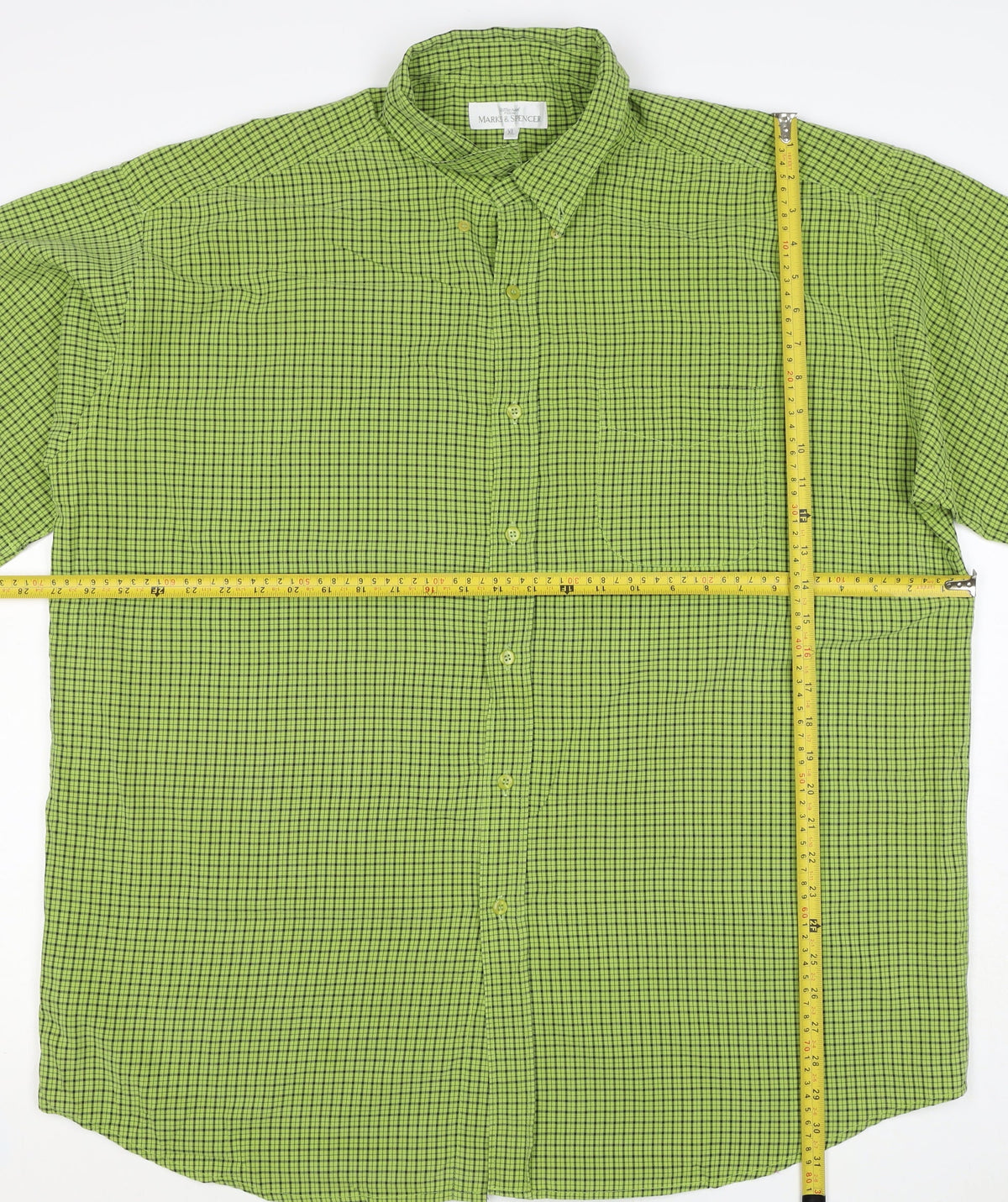 Marks and Spencer Men Green Check XL Short Sleeve Button-Up Shirt