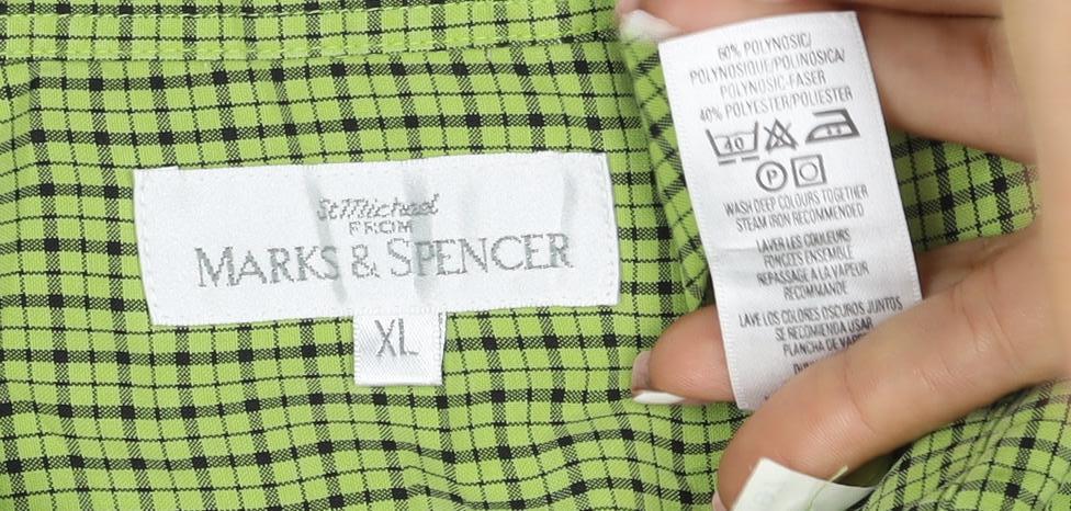 Marks and Spencer Men Green Check XL Short Sleeve Button-Up Shirt