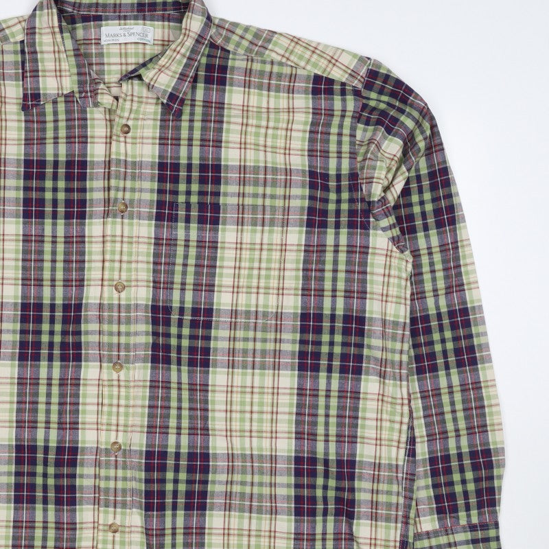 Marks & Spencer Men Green Plaid Cotton XL Long Sleeve Button-Up Shirt