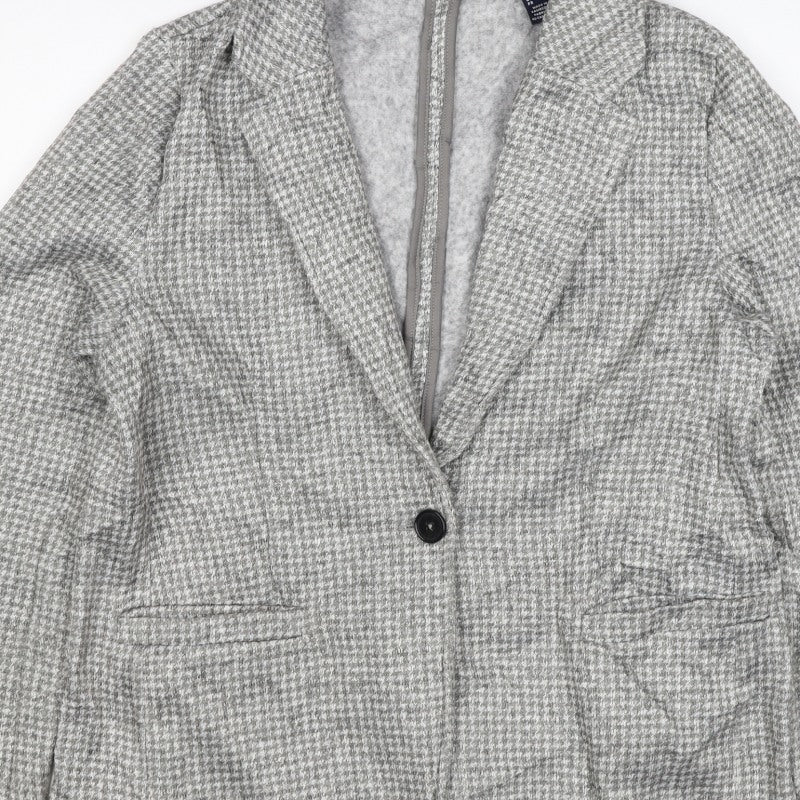 Lands' End Women Grey Houndstooth UK L One Button Blazer Jacket