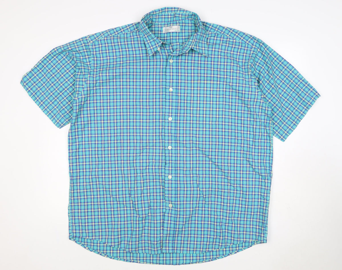 Marks and Spencer Men’s Blue Check XL Non-Iron Short Sleeve Shirt
