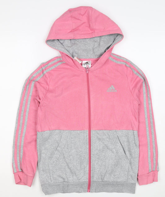 adidas Girls Pink Grey 11-12 Years Full Zip Colourblock Hoodie