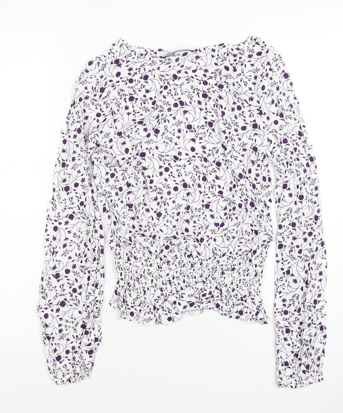 M&S Women White Purple Floral Cropped Viscose Blouse Size 10