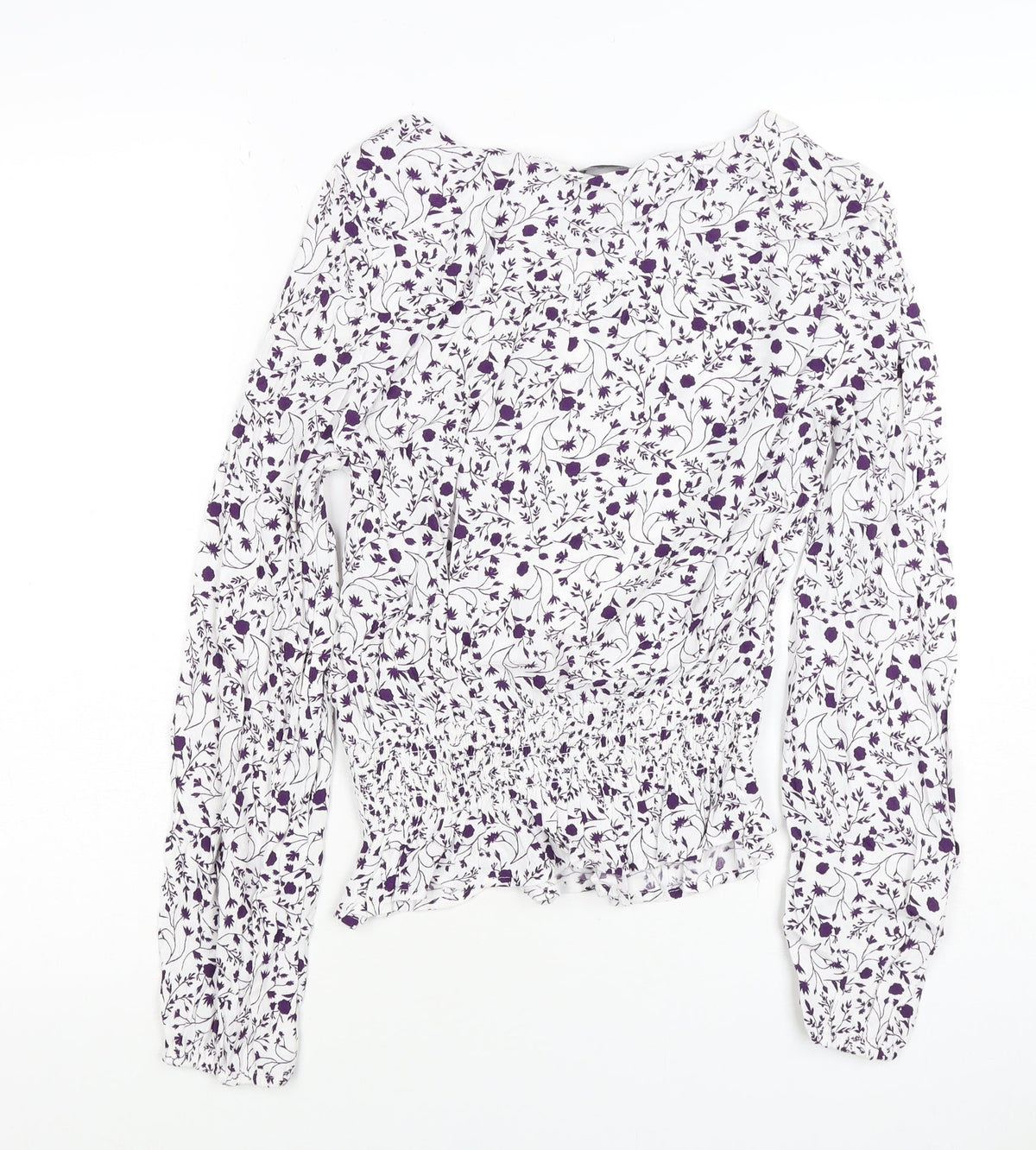 M&S Women White Purple Floral Cropped Viscose Blouse Size 10