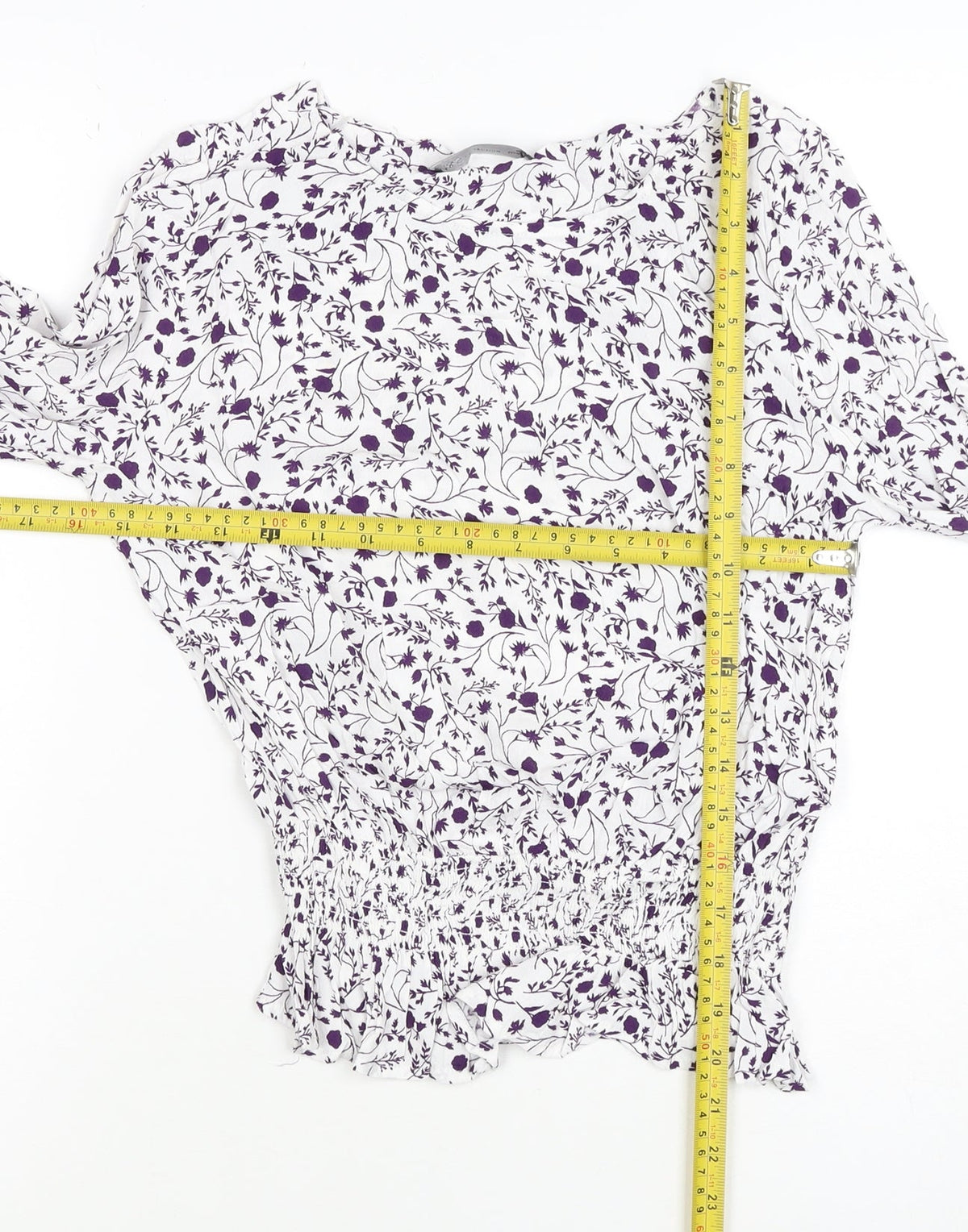 M&S Women White Purple Floral Cropped Viscose Blouse Size 10