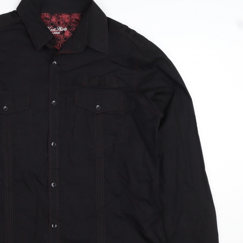 Next Men's Black L Long Sleeve Button-Up Shirt Red Stitching Pockets