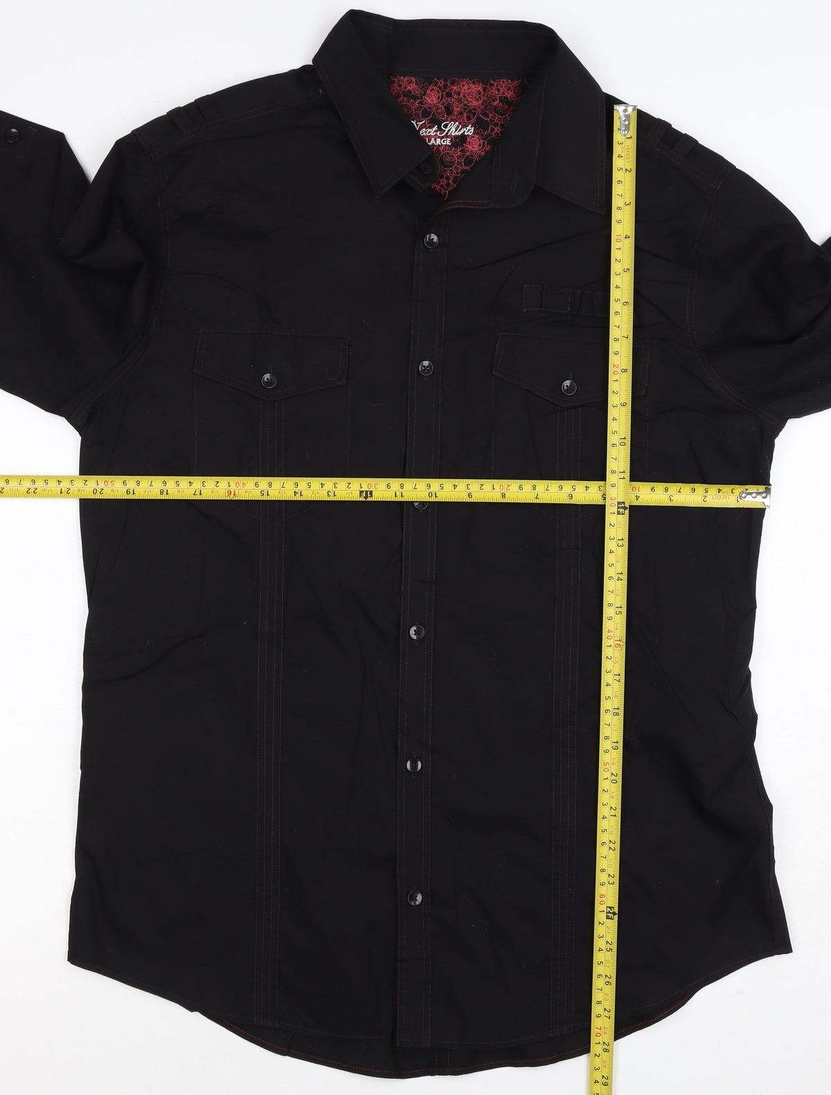 Next Men's Black L Long Sleeve Button-Up Shirt Red Stitching Pockets