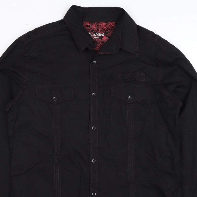 Next Men's Black L Long Sleeve Button-Up Shirt Red Stitching Pockets