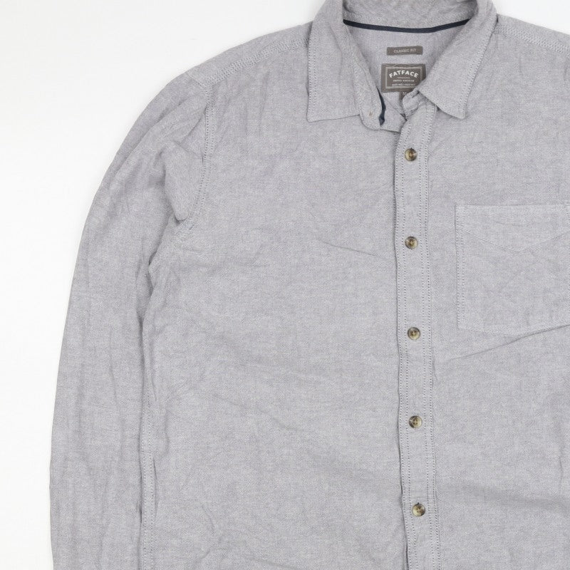 FatFace Men's Grey M Classic Fit Linen Cotton Chambray Button-Up Shirt