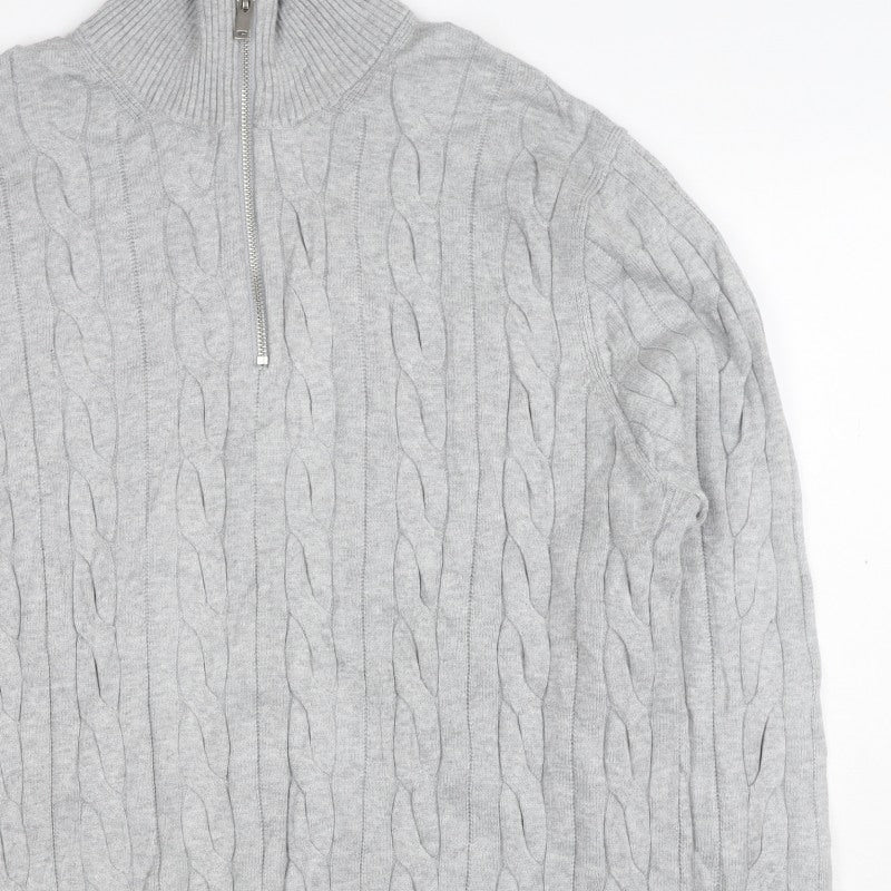 M&S Mens Grey L Cable Knit Half Zip High Neck Cotton Blend Jumper
