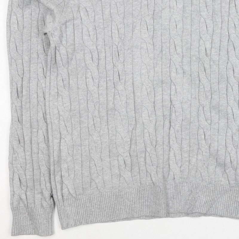 M&S Mens Grey L Cable Knit Half Zip High Neck Cotton Blend Jumper