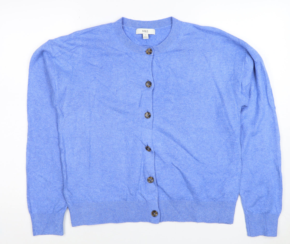 Marks & Spencer Women Blue M Button Knit Round Neck Cardigan