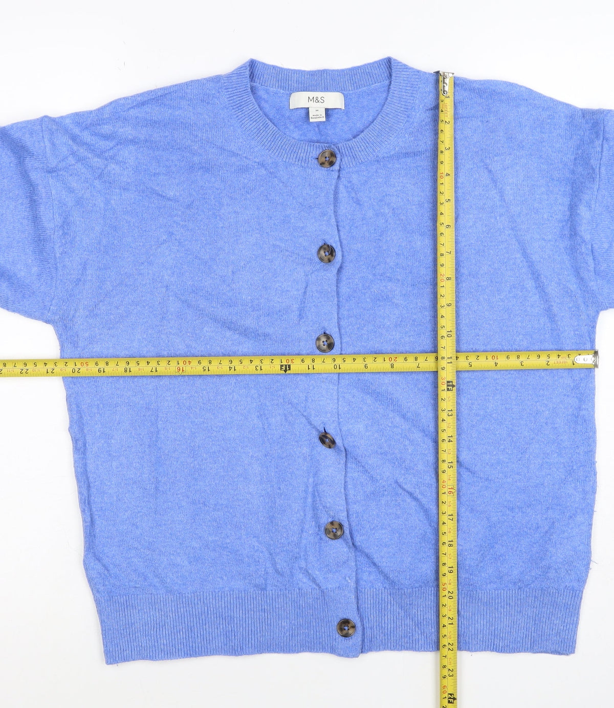 Marks & Spencer Women Blue M Button Knit Round Neck Cardigan