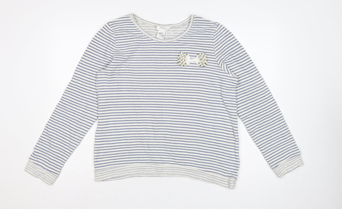 Soft Grey Women’s Blue White Stripe Beaded Bow Cotton Top UK 16