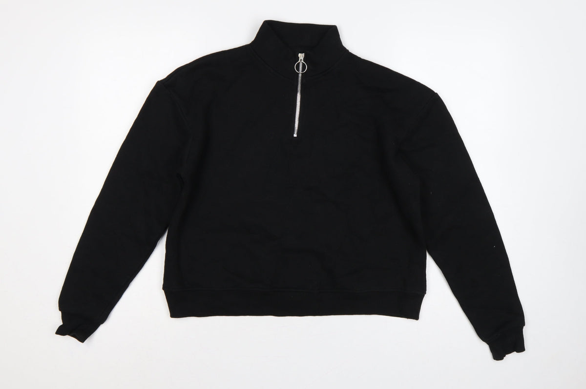 Pull&Bear Women's Black S Quarter Zip High Neck Pullover Sweatshirt