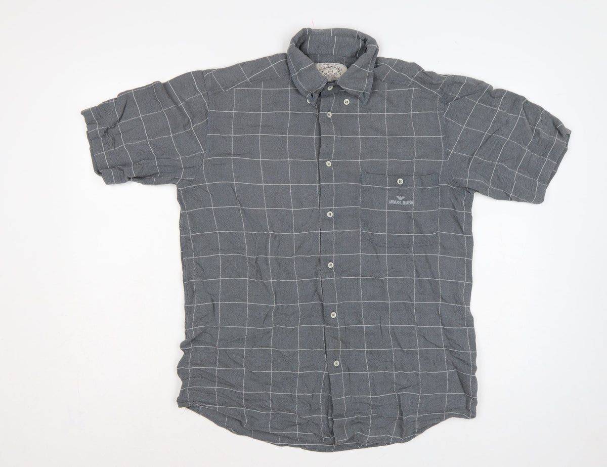 Armani Jeans Men Grey Check Extra-Slim S Short Sleeve Button-Up Shirt
