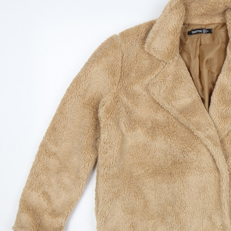 Boohoo Women’s Beige Size 4 Teddy Fleece Mid-Length Overcoat