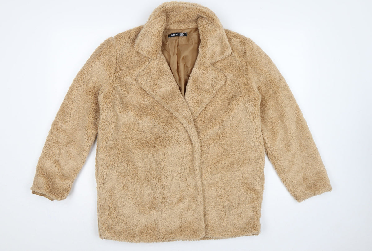 Boohoo Women’s Beige Size 4 Teddy Fleece Mid-Length Overcoat