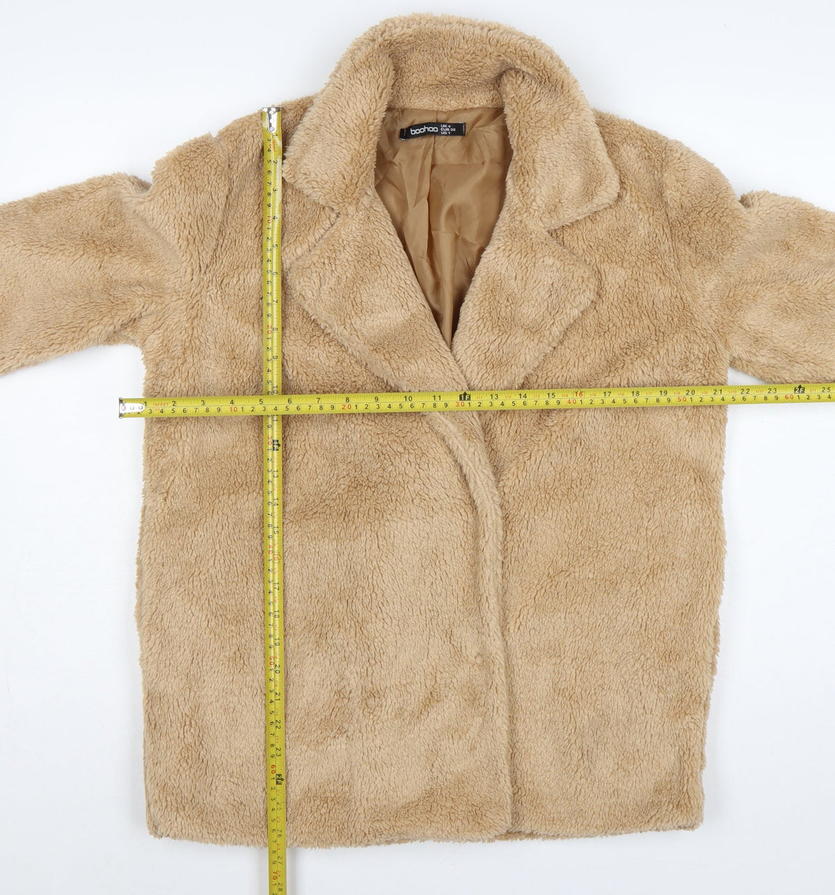 Boohoo Women’s Beige Size 4 Teddy Fleece Mid-Length Overcoat