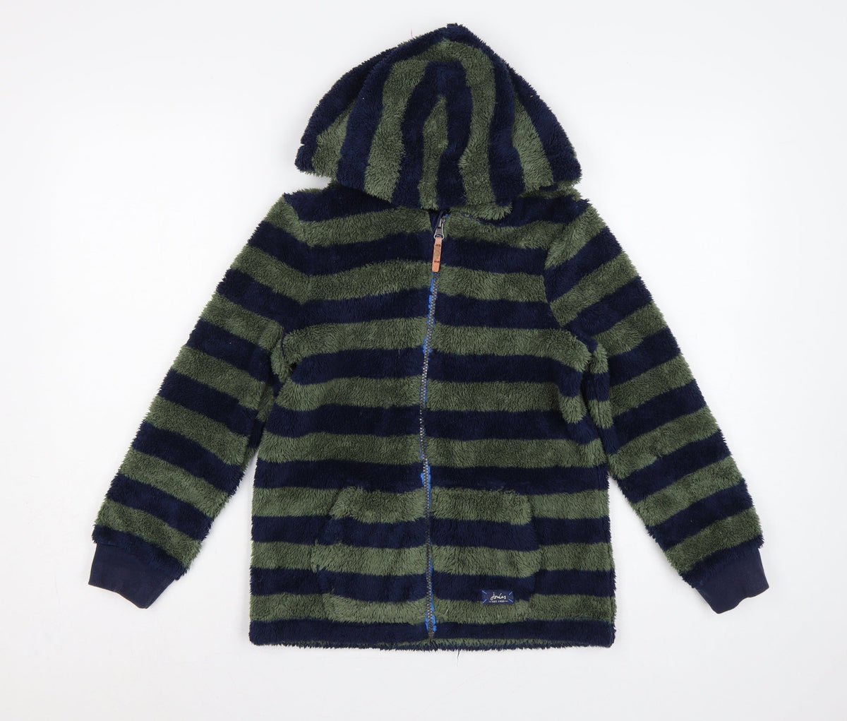 Back view of Joules boys’ green navy striped hooded fleece jacket age 10 years