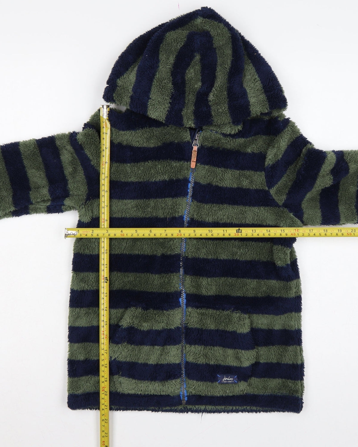 Close-up detail of Joules boys’ green navy striped hooded fleece jacket age 10 years