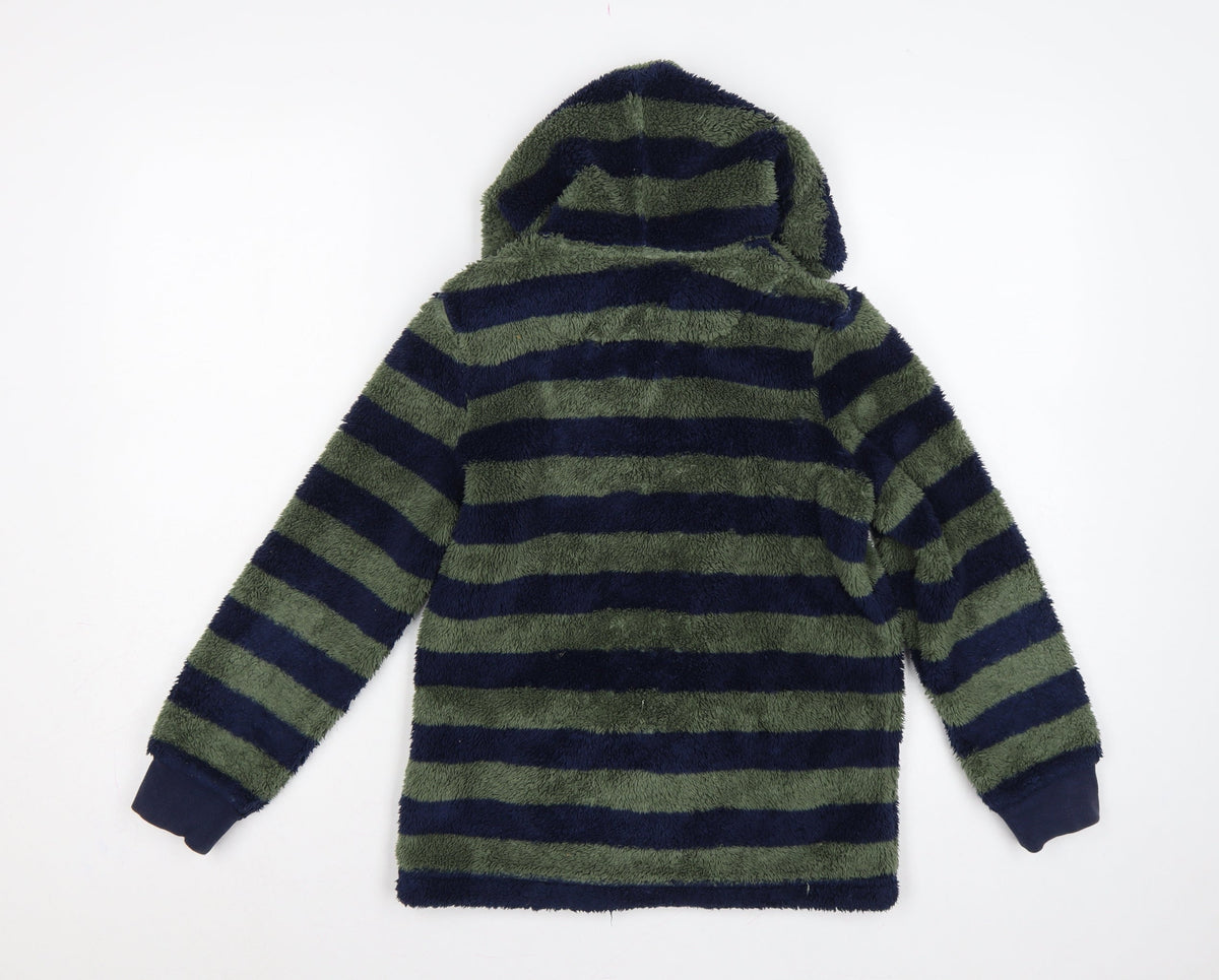 Brand and care label for Joules boys’ green navy striped hooded fleece jacket age 10 years