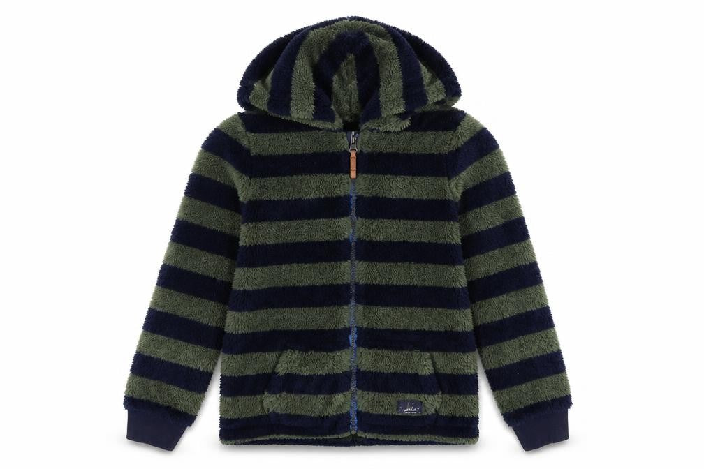 Front view of Joules boys’ green navy striped hooded fleece jacket age 10 years