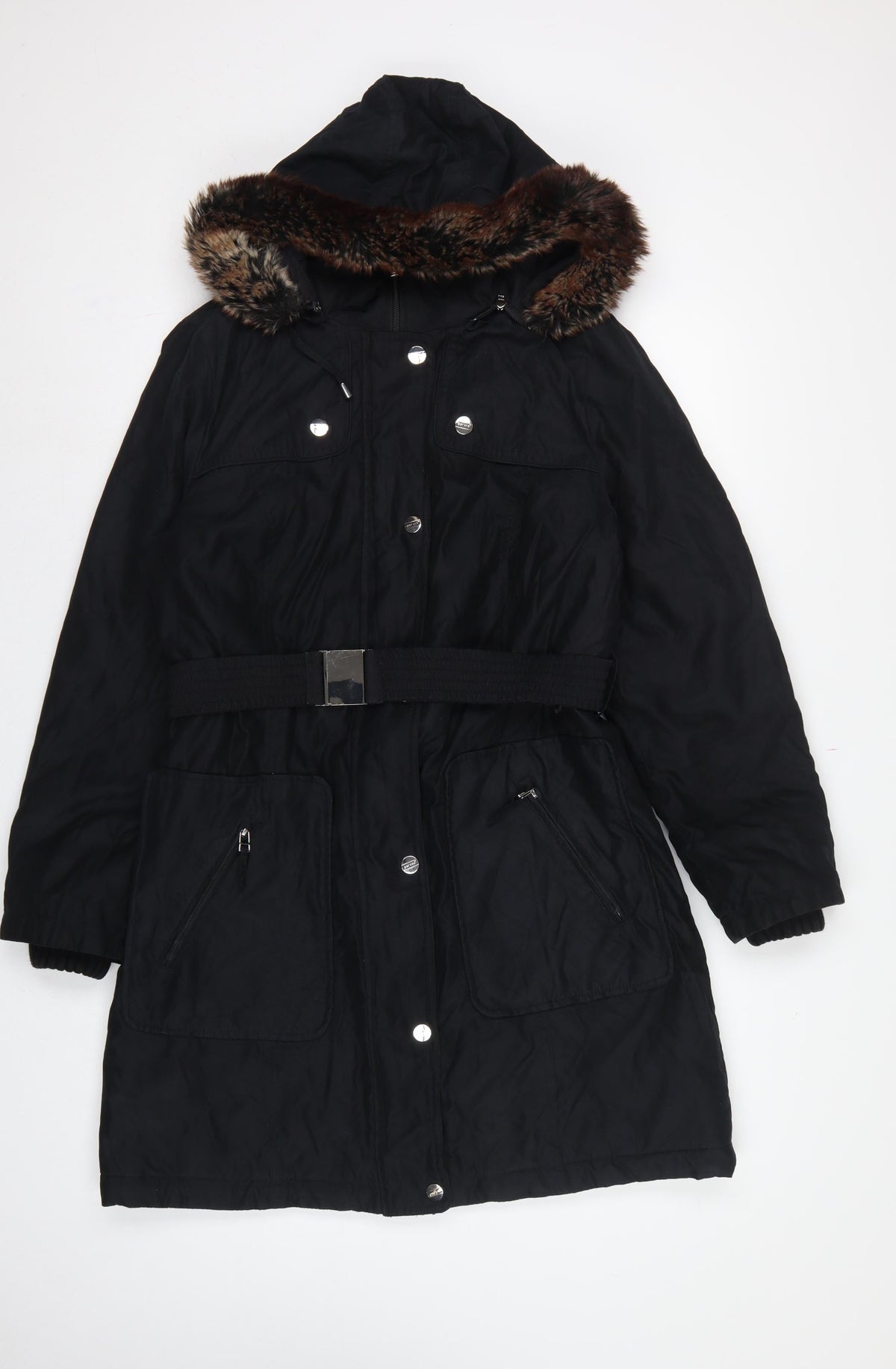 Per Una Women Black M Long Belted Faux Fur Hood Parka Coat
