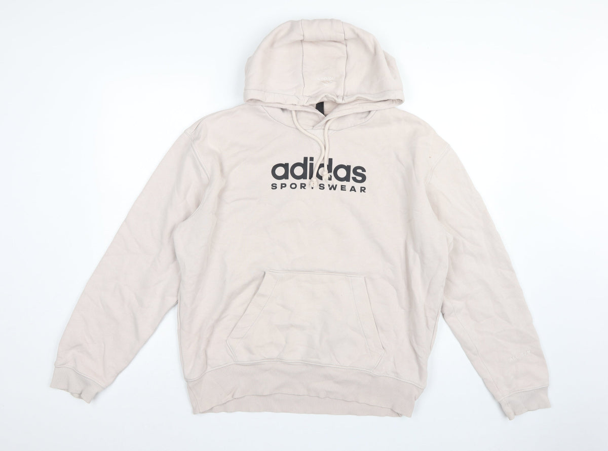 Back view of Adidas Men Beige M Pullover Hoodie Logo Graphic Fleece Sportswear