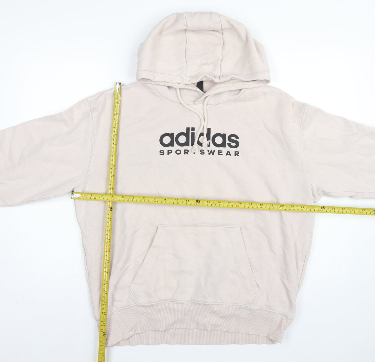 Close-up detail of Adidas Men Beige M Pullover Hoodie Logo Graphic Fleece Sportswear