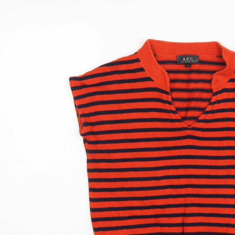 A.P.C. Women Orange Navy Stripe Pima Cotton V-Neck Sleeveless Jumper S