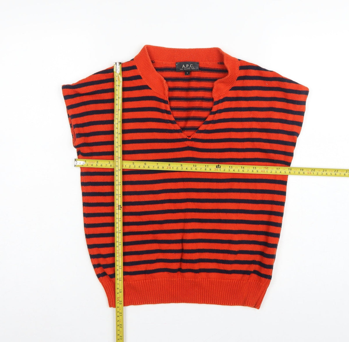 A.P.C. Women Orange Navy Stripe Pima Cotton V-Neck Sleeveless Jumper S