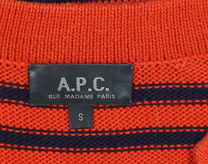 A.P.C. Women Orange Navy Stripe Pima Cotton V-Neck Sleeveless Jumper S