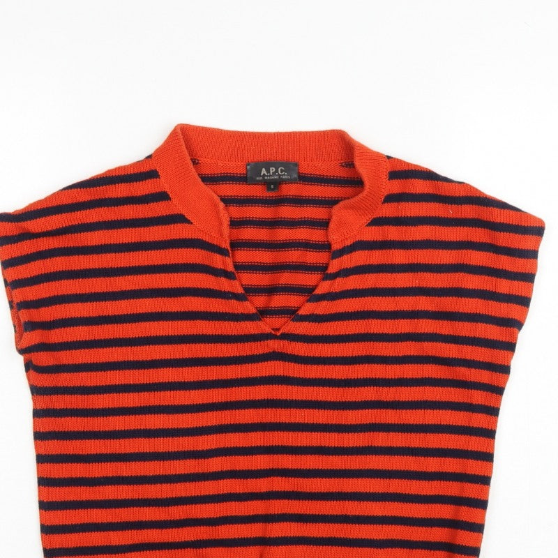 A.P.C. Women Orange Navy Stripe Pima Cotton V-Neck Sleeveless Jumper S