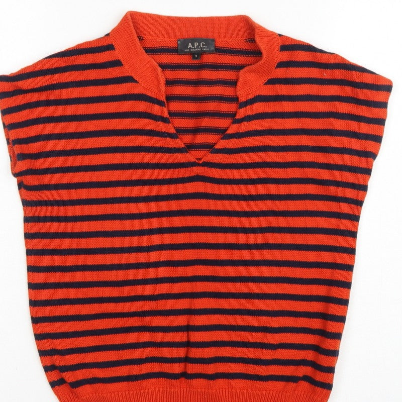 A.P.C. Women Orange Navy Stripe Pima Cotton V-Neck Sleeveless Jumper S