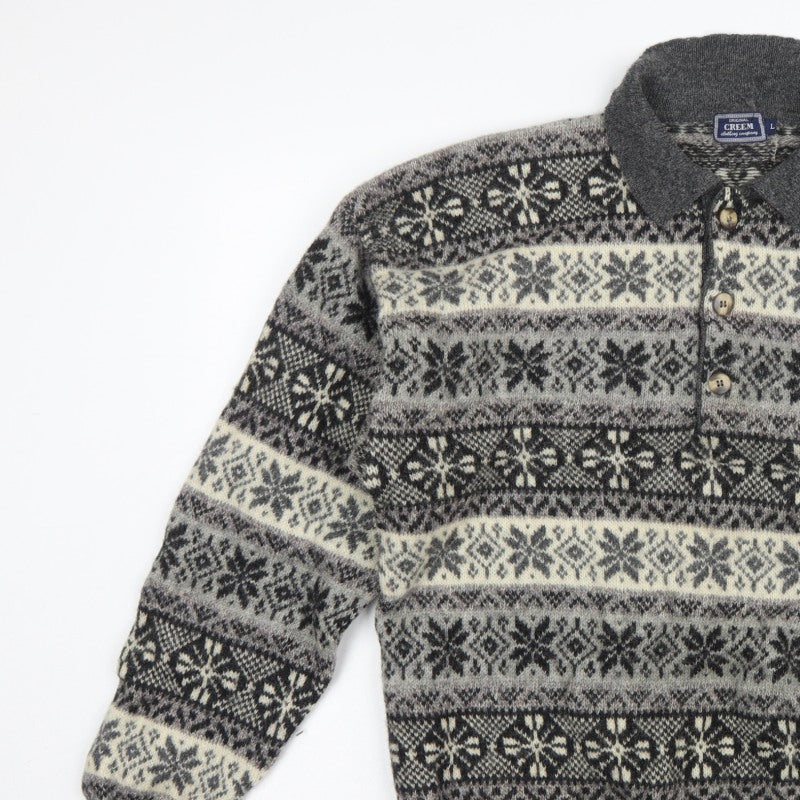 Creem Men’s Grey L Shetland Wool Fair Isle Henley Jumper