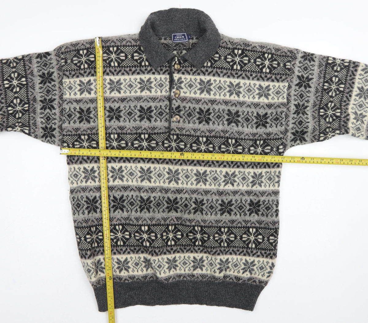 Creem Men’s Grey L Shetland Wool Fair Isle Henley Jumper