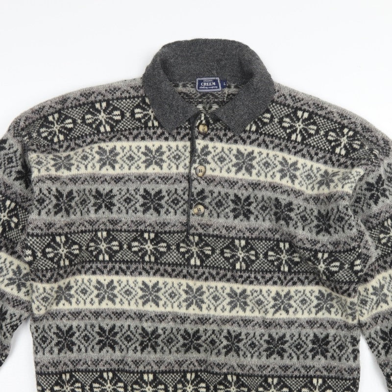 Creem Men’s Grey L Shetland Wool Fair Isle Henley Jumper