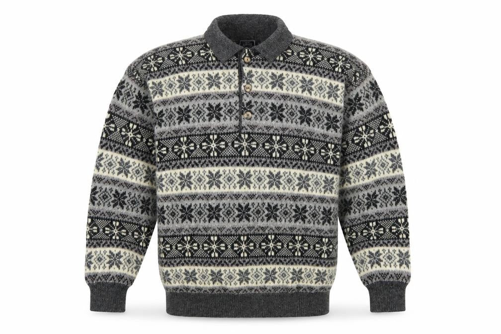 Creem Men’s Grey L Shetland Wool Fair Isle Henley Jumper