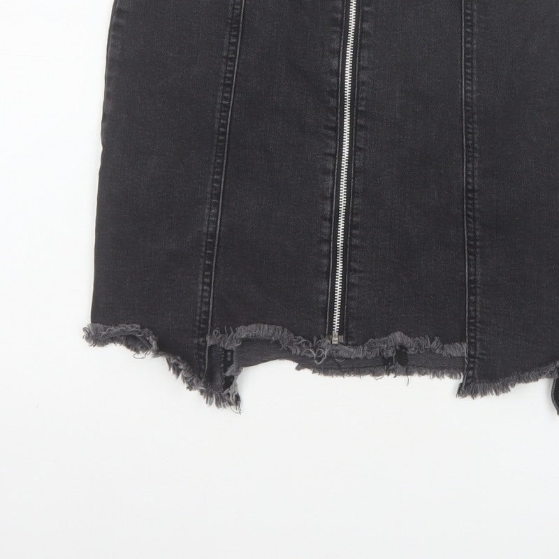 Zara Basic Women Black UK 12 Denim Pencil Mini Skirt Front Zip