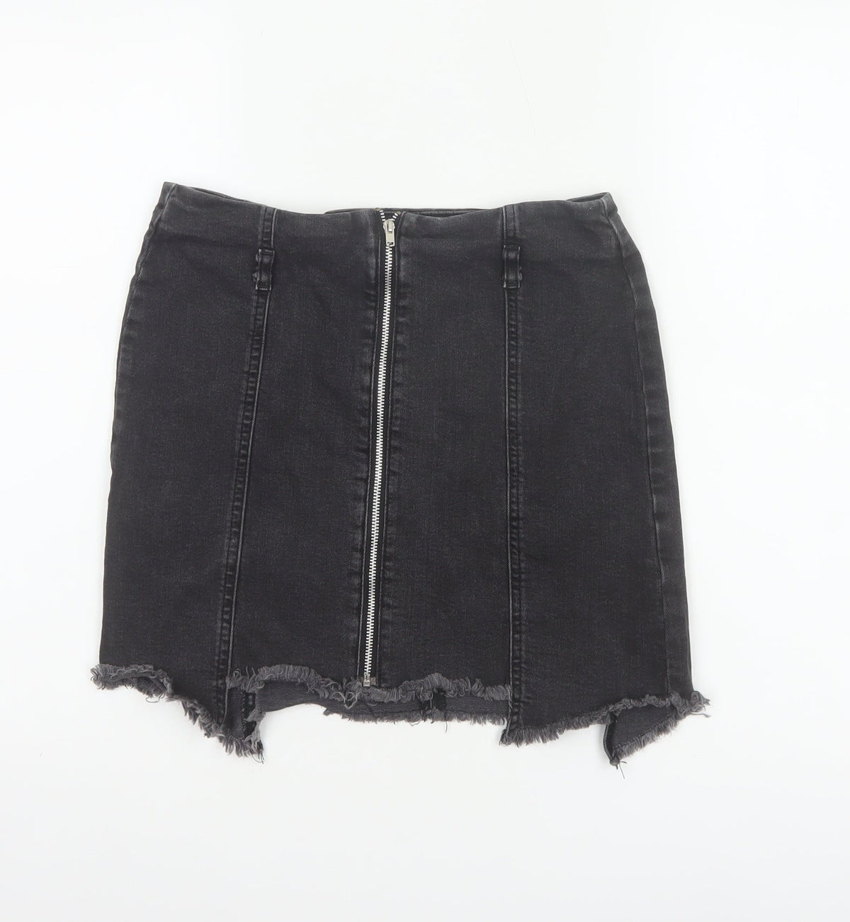 Zara Basic Women Black UK 12 Denim Pencil Mini Skirt Front Zip