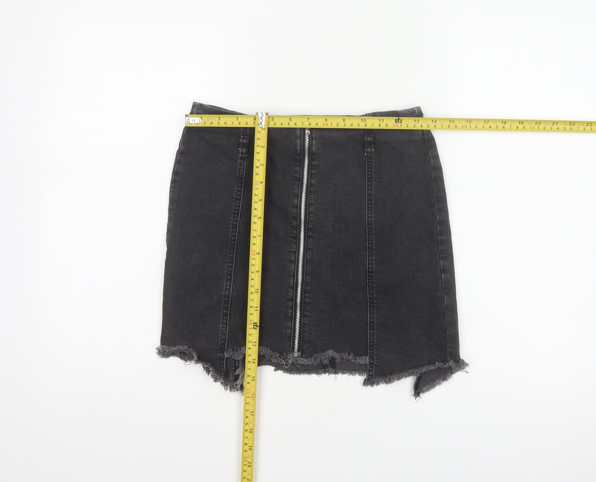 Zara Basic Women Black UK 12 Denim Pencil Mini Skirt Front Zip