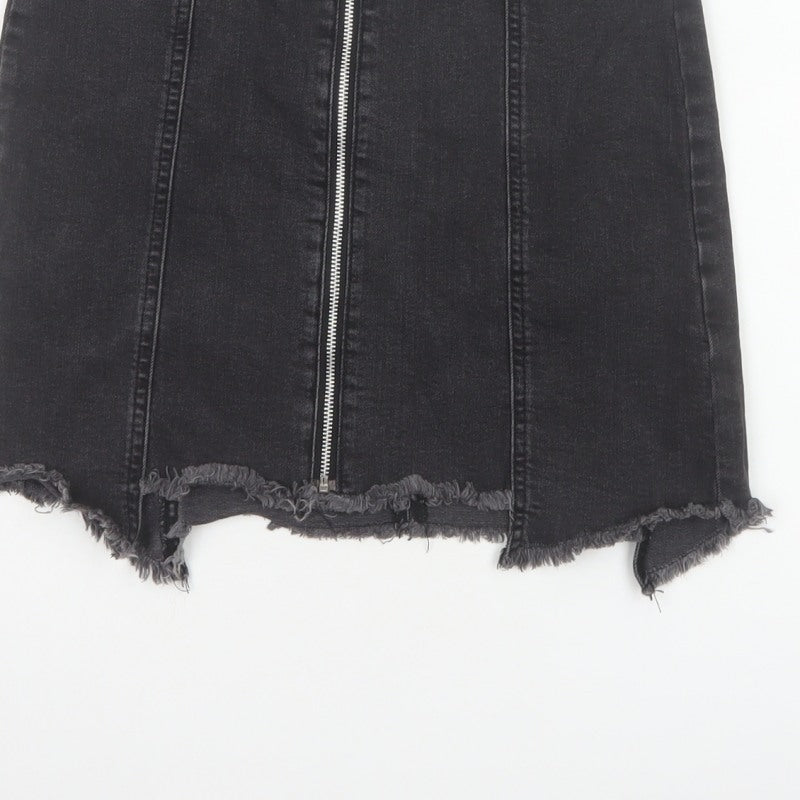 Zara Basic Women Black UK 12 Denim Pencil Mini Skirt Front Zip